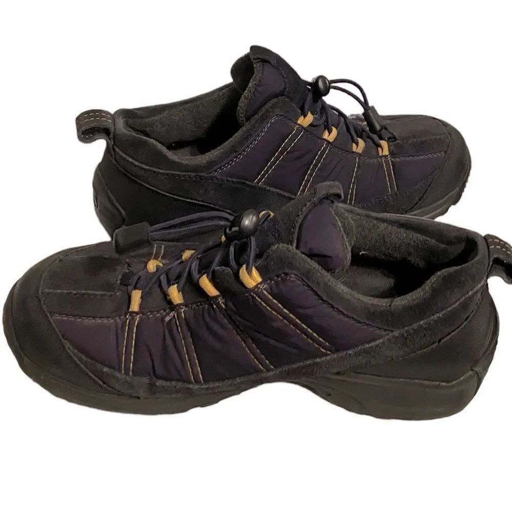 Lands' End Wm's Sz 7B Dark Blue Yellow Suede Hiking Walking Low Shoes #34694
